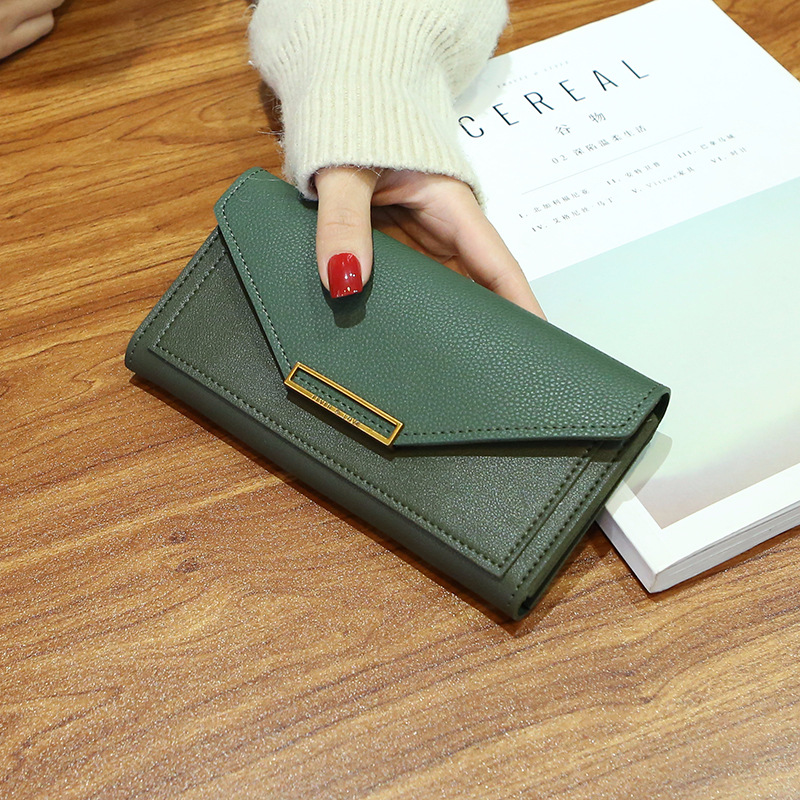 Wallet style for women Korean long style, fresh multi-function buckle, Japanese and Korean retro thin coin wallet: green