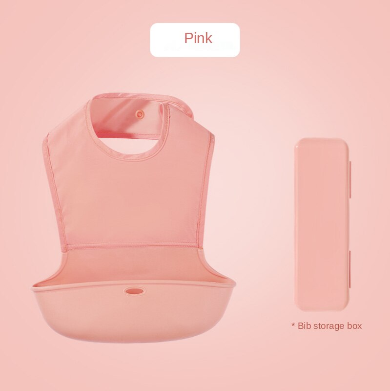 Baby Bib Pure Kleur Siliconen Waterdicht Bib Drie-Dimensionale Speeksel Pocket Gratis Opbergdoos: Pink