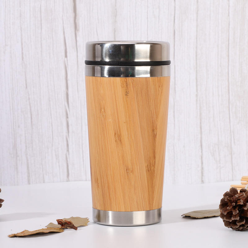 Bamboe koffiebeker roestvrij staal koffie reisbeker met deksel lekvrije geïsoleerde koffie herbruikbare beker thee mokken 450ml