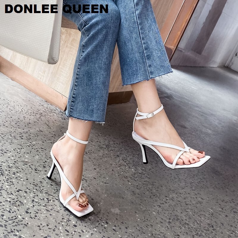 Lente Zomer Vierkante Teen Slingback Sandalen Smalle Band Gladiator Sandalen Schoenen Vrouwen Hoge Hakken Pumps Party Dress Schoenen