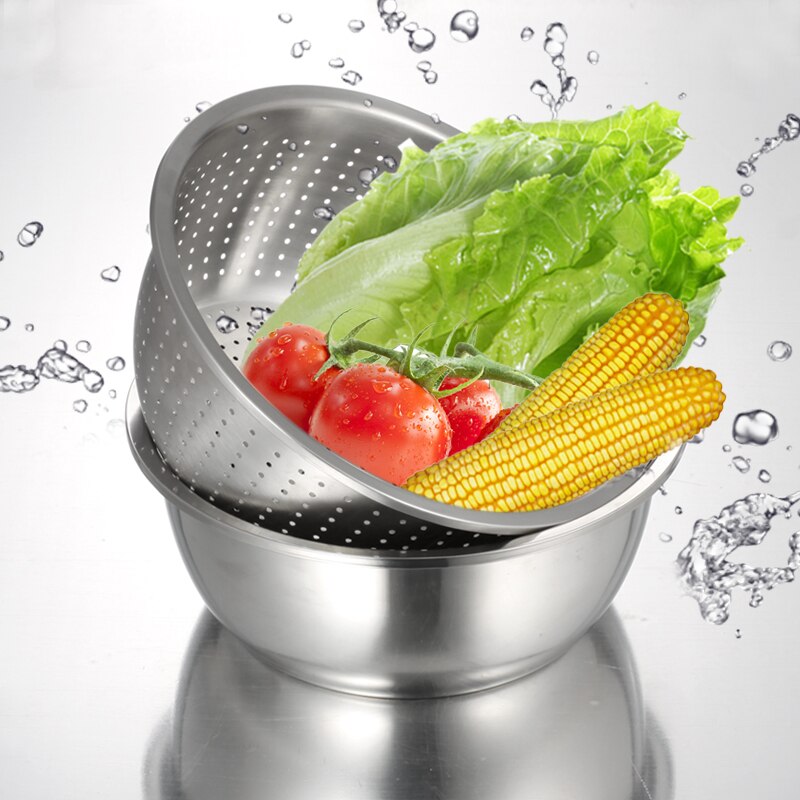 basin 2pcs set utensil Thick stainless steel pots drain washing strainer round deepen mixing bowl fruit vegetable washing bowl