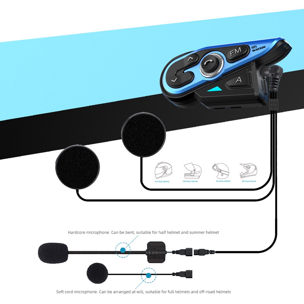 Wayxin 1Pcs Bluetooth 5.0 Intercom Motorhelm Headsets 2 Rider 1200M Intercom Moto Interphone R15 Fm Muziek Delen