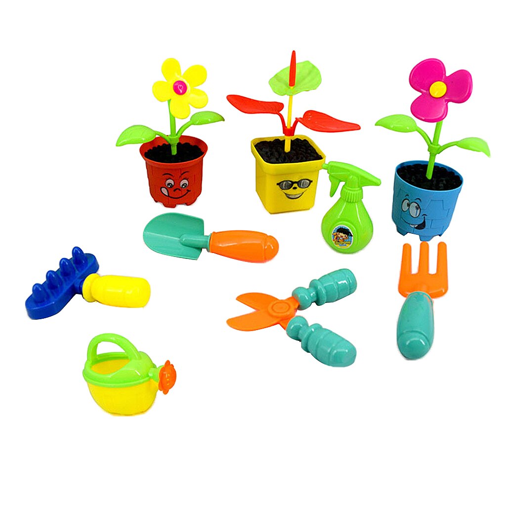 9 Pieces Pretend Garden Tools Toy Set Potted Plastic Flower Preschool Educational Toy for Toddlers Planting Flowers Tool Set