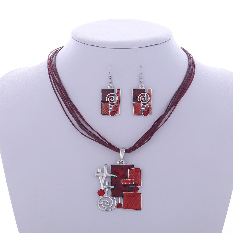 Emaille Geometrie Hanger Ketting Oorbellen Set Verzilverd Wax Touw Lagen Retro Sieraden Sets Mode Cirkel Ketting Bruiloft: 826