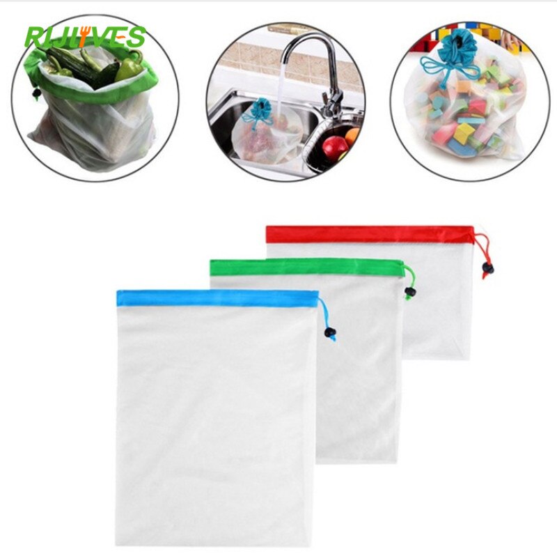 Malla reutilizable bolsas de cocina para el hogar bolsas de malla para almacenamiento de vegetales y frutas con cordón lavable a máquina