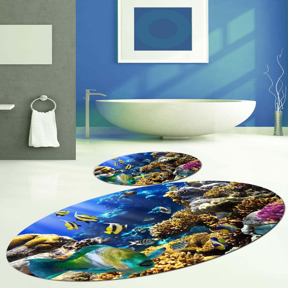 Anders Blauw Onder Zee Vissen Aquarium Ovale 2 Pcs 3d Patroon Bad Matten Anti Slip Soft Wasbare Badkamer Mat wc Tapijten