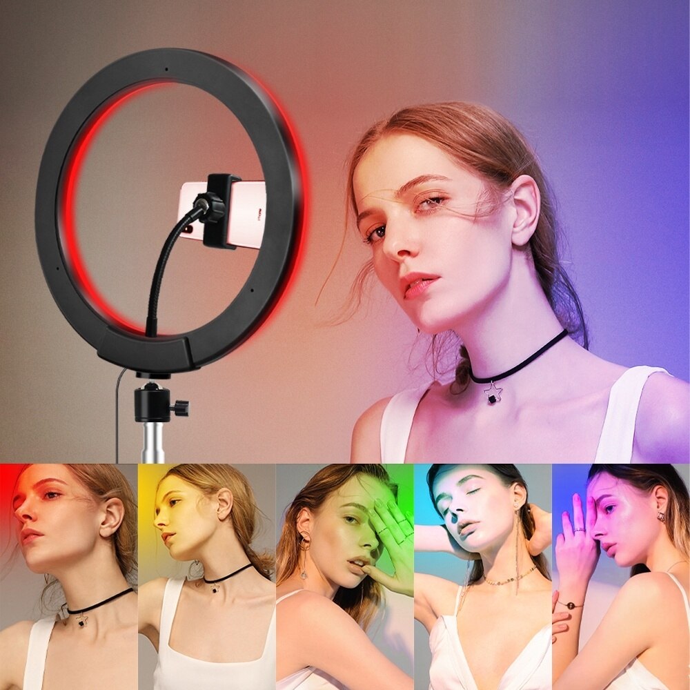 8 Inch /10 Inch Dimmable RGB LED Selfie Ring Fill Light Photo Ring Lamp with Tripod Two Adjustable for Makeup Video Live