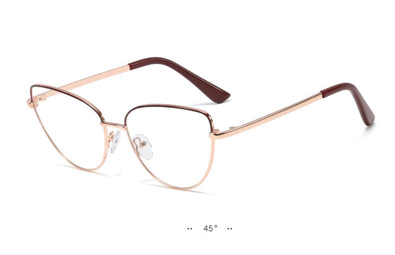 SOPRETTY de tendencia Retro Metal ojos de gato Marco de gafas de espejo plano, marcos de vidrio recetados para miopía, caso de hipermetropía F0225: Wine rose gold