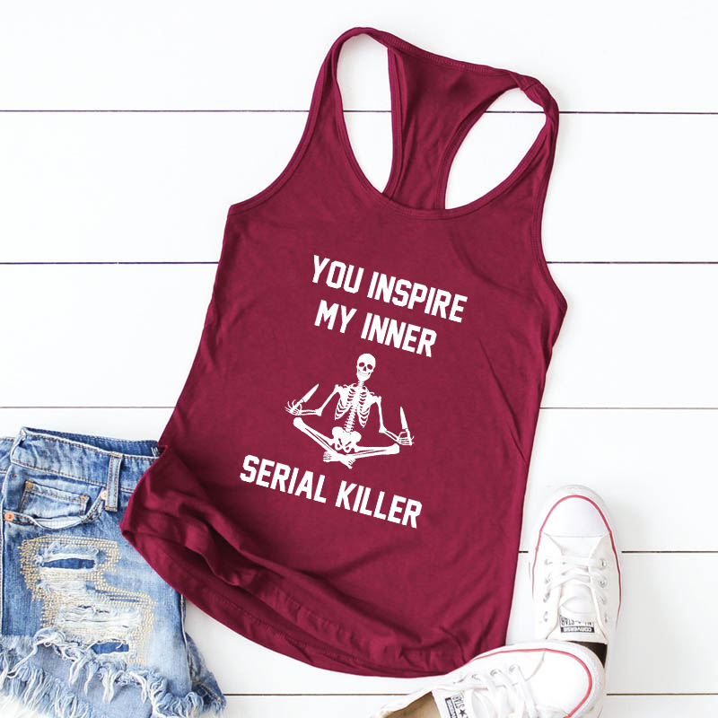 Haut de Yoga sans manches pour femme, haut humoristique, en forme de squelette, avec motif de méditation, mon inspiration intérieure, tueur en série
