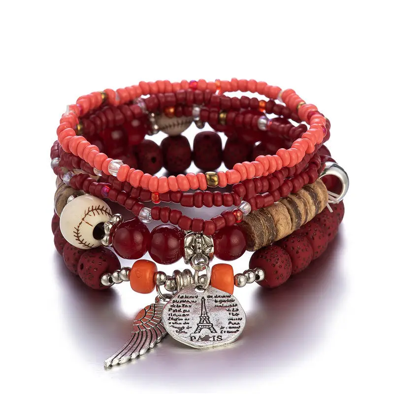 Conjunto de pulsera de árbol de la vida para mujer, brazalete de cadena elástica con cuentas de madera y borlas, joyería de para: Bañado en rodio de imitación