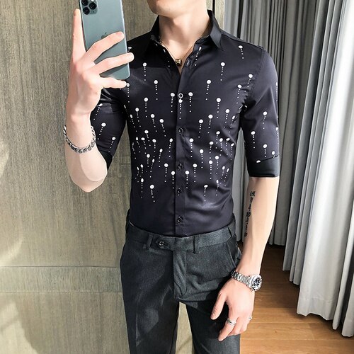 Polka Dot Print Shirt Männer Kurzarm Slim Fit Streetwear Shirts Sozialen Party Business Formale Kleid Shirts Camisas Para Hombre: Black / Asian size M