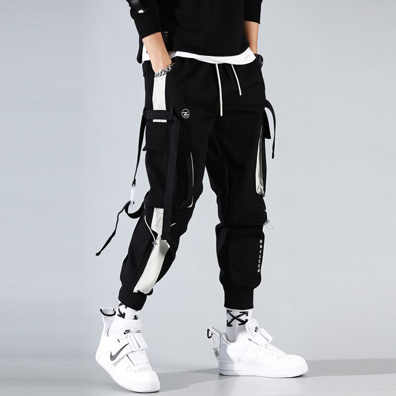 Cargo Pants Joggers Men Black Harem Pants Multi-pocket Ribbons Man Sweatpants Streetwear Casual Pants Elastic waist Male Trouser: 5XL