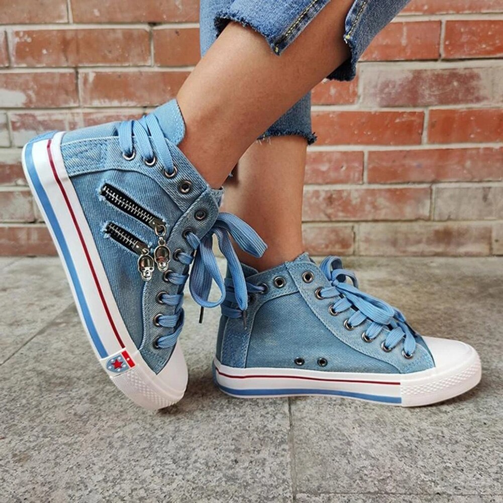 Kvinders denim high-top ryg blonder lærred sneakers sko pige teenager student sko  ed889