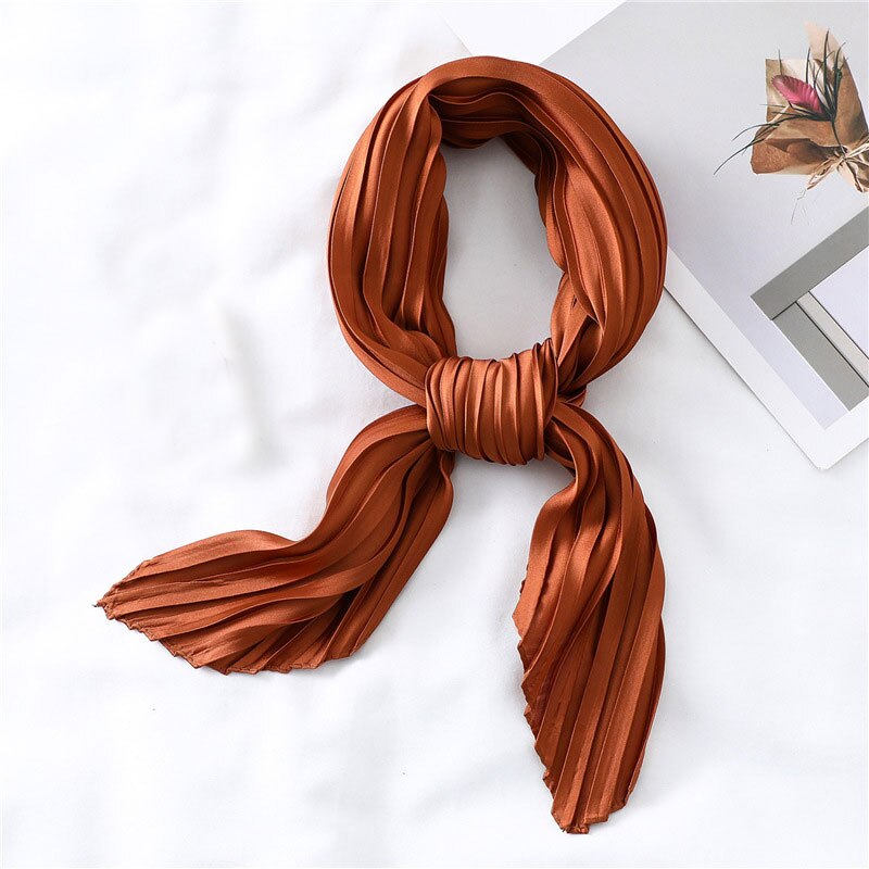 Silk Pleated Scarf Square Scarf For Women Small Scarves Soft Satin Neckerchief Decorative Headscarf Solid Hair Scarf Summer: Camel