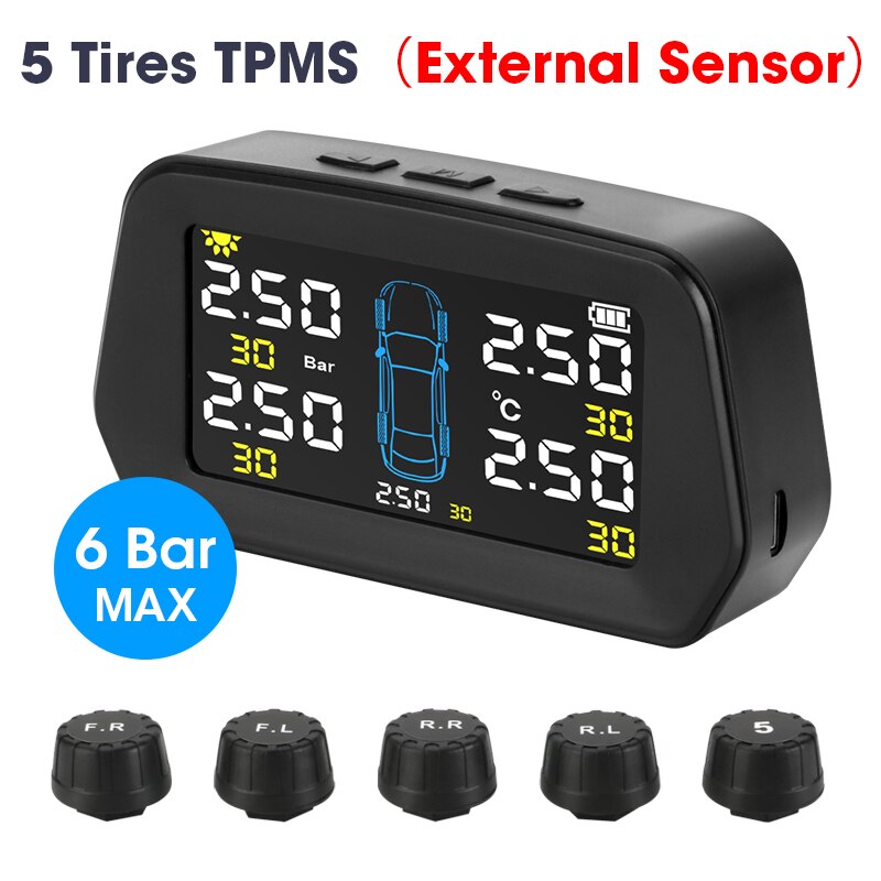 Jansite Tpms 5 Banden Alarm Bandenspanning Sensoren Monitoring Systeem Groot Scherm Solar Power Auto Beveiliging Bandenspanning Controle: 5 external sensors