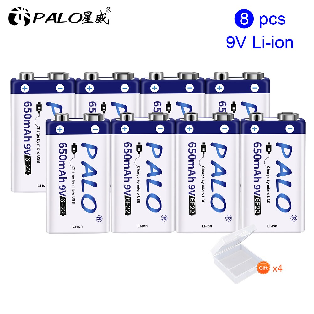 Bateria recarregável do lítio 9v de usb da bateria 9v do li-íon 650mah de palo 6f22 9v usb para o controle remoto do brinquedo: 8PCS