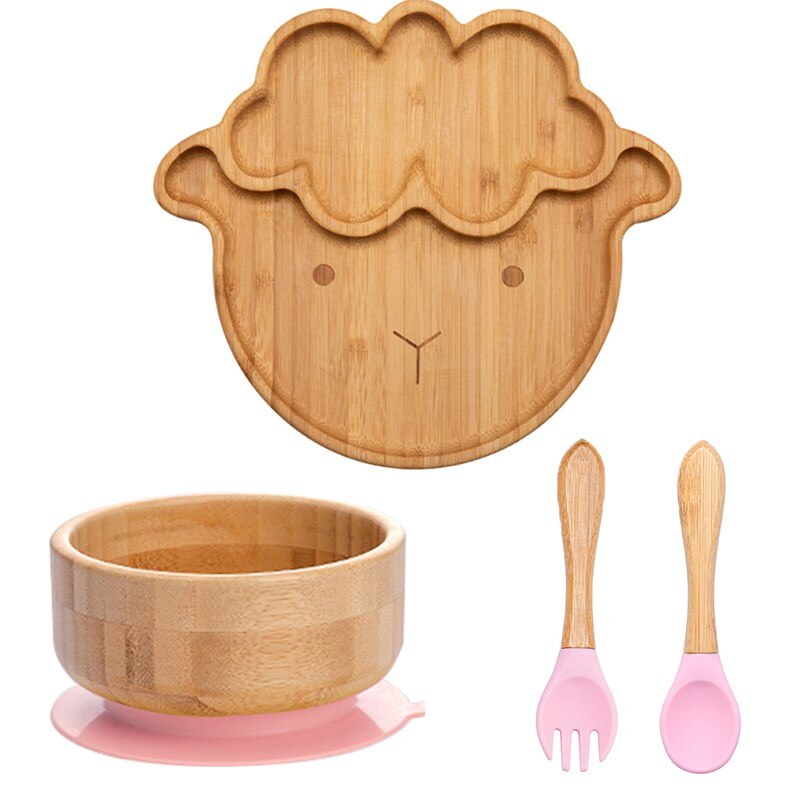 Cuenco de bambú para alimentación de bebé, juego de vajilla de silicona con ventosa, antideslizante, resistente al agua, tenedor, cuchara, 4 piezas: 4pcs-C