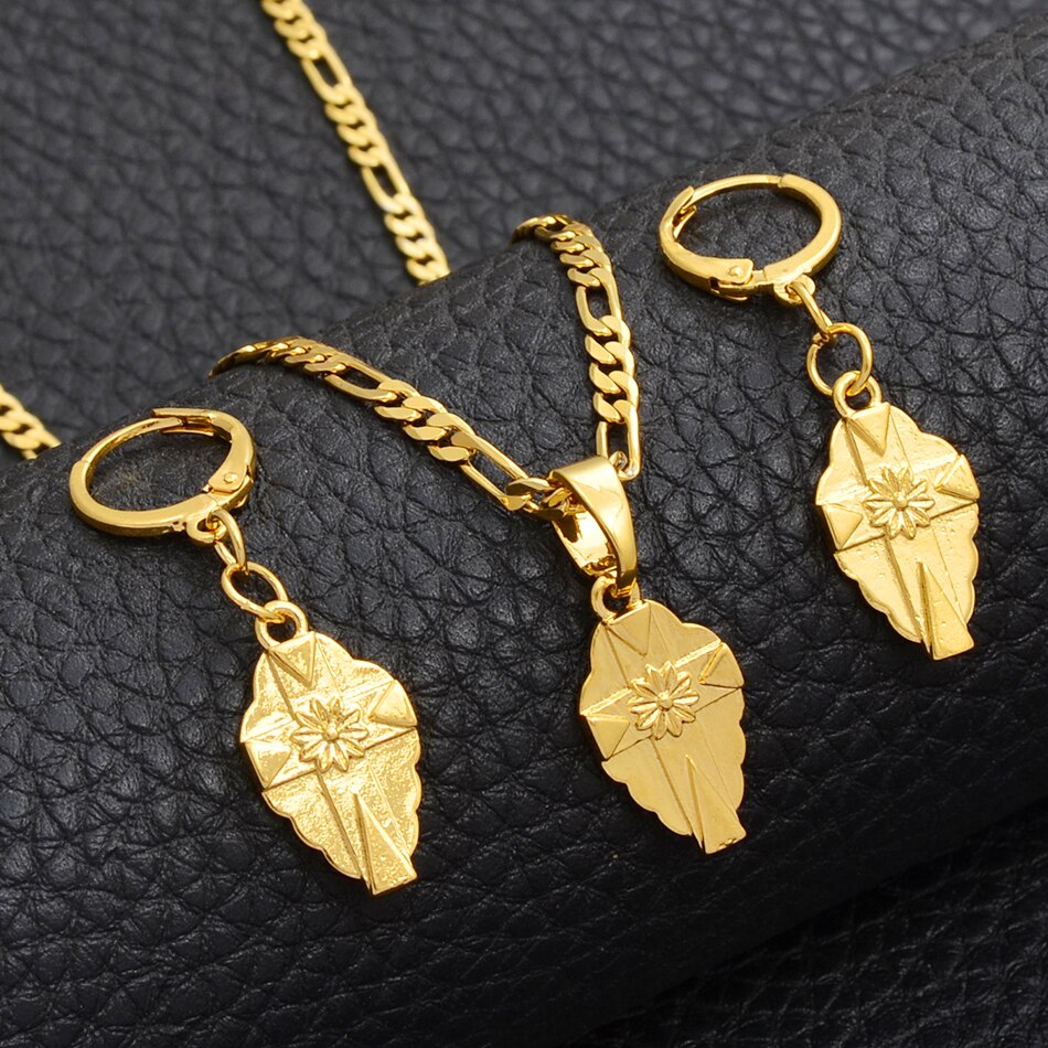 Anniyo SMALL Cross Pendant Necklaces Earrings Sets Women Girsl Gold Color Micronesia Guam Hawaiian Jewelry Chuuk Crosses #216106