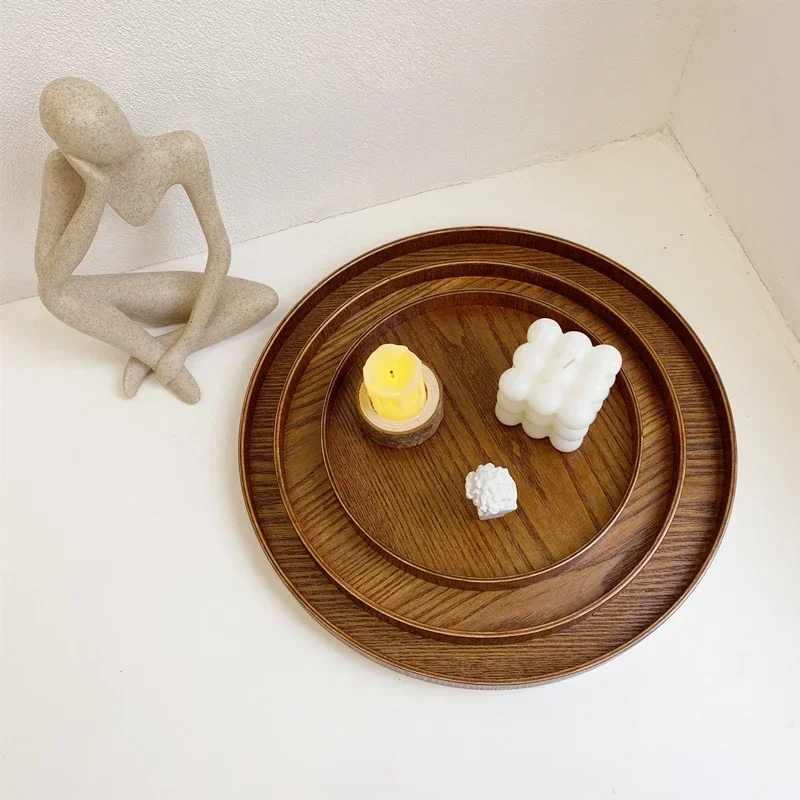 Nordic Decoratief Dienblad Houten Dienblad Retro Ronde Serveerschaal Fruit Dessert Opbergbakken Koffiekopje Mat Pad Home Decor Mohamedajuan