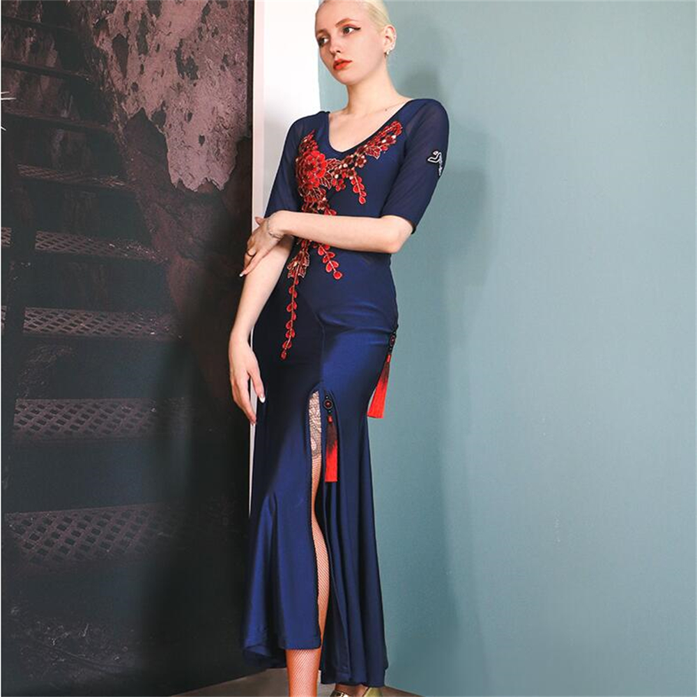 Modern Dance Dress for Women Long Sleeve Embroidery Latin Dance Competition Dresses Adult Performance Wear