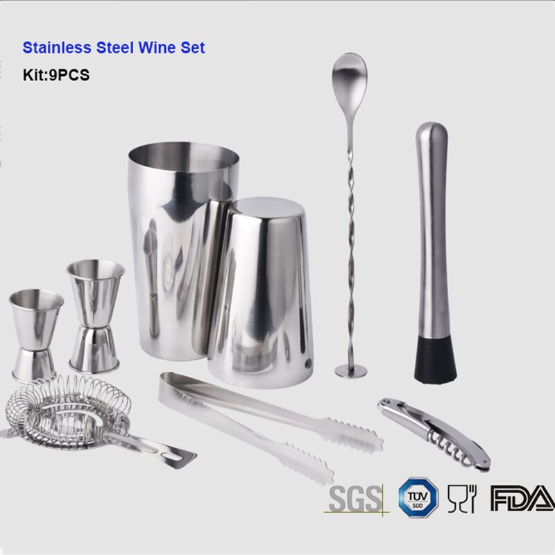 19PCS Stainless Steel Cocktail Shaker Blender Bartender Browser Kit Home Bar Bartender Setting Tool and Wine Wooden Rack Stand