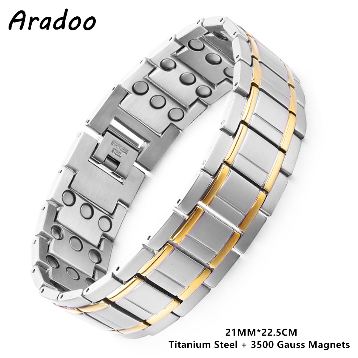 ARADOO Pulseras de acero de titanio con 3 imanes de neodimio Ultra resistentes, pulsera de eslabones de terapia magnética de salud ajustable: Color amarillo dorado claro