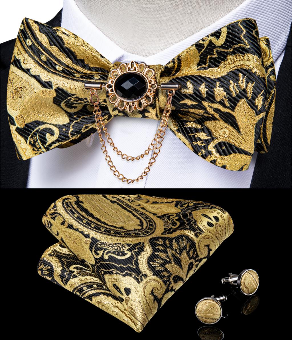 Luxury Gold Black Paisley Self Tie Men&#39;s Bow Tie Silk Woven Wedding Party Butterfly Ties Hanky Brooch Pin Set Tuxedo Bow DiBanGu: HL-3013-0009
