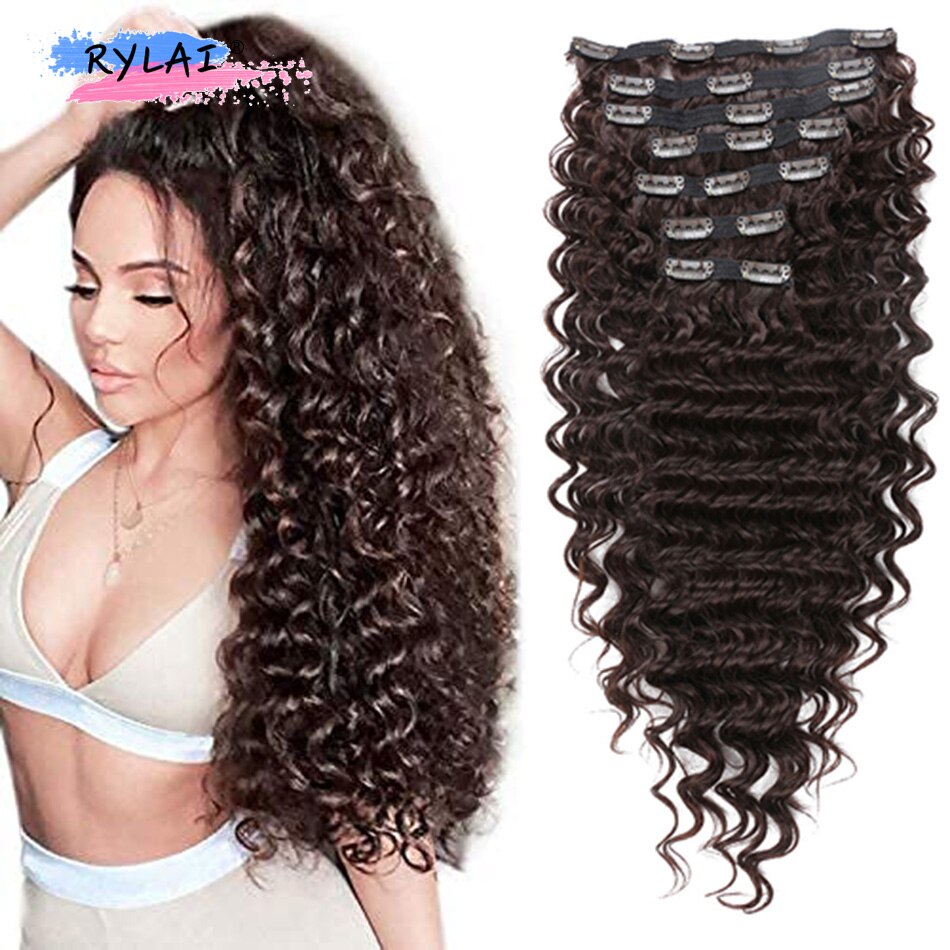 Deep Wave Clip In Hair Extensions Real Soft Thick Women Hair 24 Inch Long Curly Hair Extensions Clip In Synthetic 160 Gram RYLAI: Med Brown