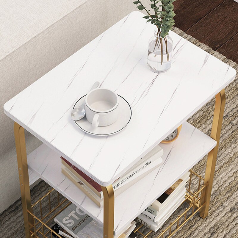 2~3 Tier Marble Pattern Coffee Table Wooden Tea Table White Sofa End Table Nightstand with Storage Basket Shelf for Bedroom