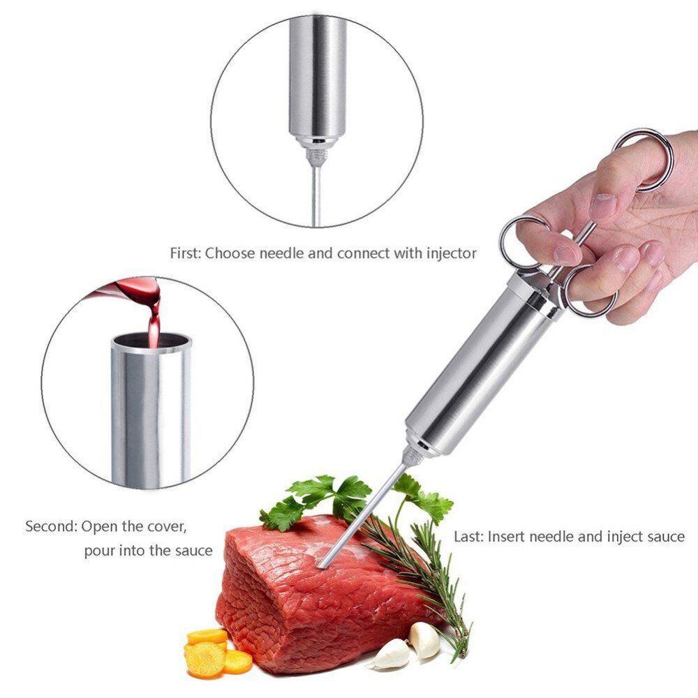 3 naalden Vlees Injector Spuit Gevogelte Marinade Flavour Injector Vlees Kruiden Injectoren BBQ Kit Keuken Tool Rvs