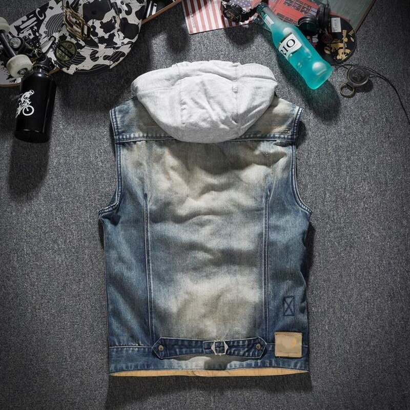 Spring Autumn Mens Hat Detachable Denim Waistcoats Vintage Printed Single Breasted Slim Plus Size Male Sleeveless Vests