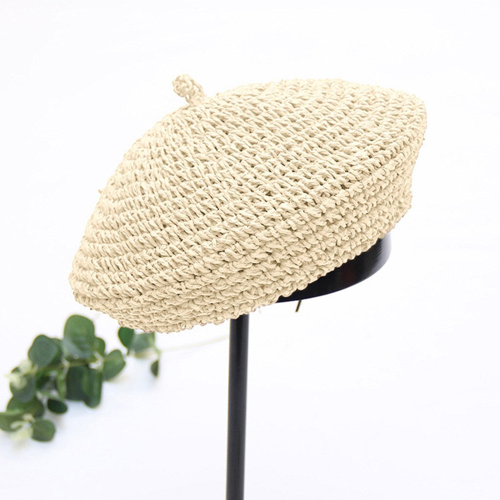 Handmade Women Berets French Female Straw Hats Girl Flat Cap Knit Black Beret For Woman Summer #L5: White