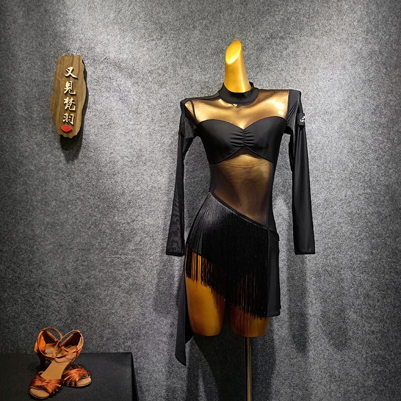 Latin Dance Dress Female Adult Dress Fringed Skirt Long Sleeve Dance Dress Tango Dress Women Ballroom Latin Dress: M