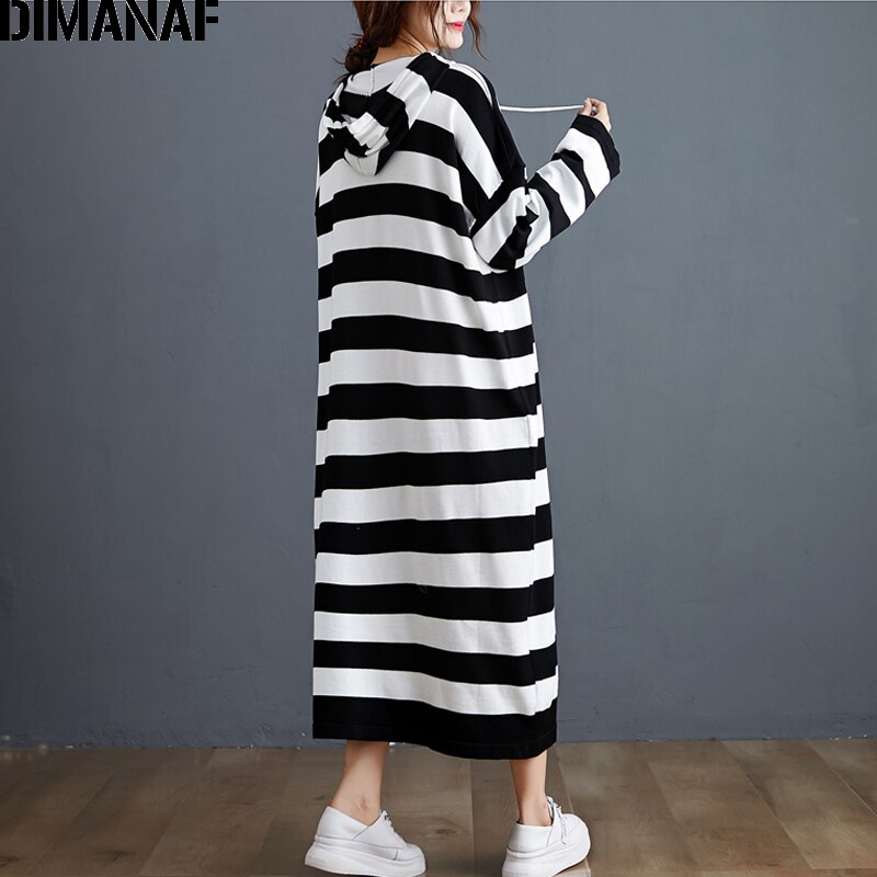 DIMANAF-vestido para mujer en tallas grandes estampado de otoño algodón rayado con capucha, ropa femenina, informal, suelto, manga larga