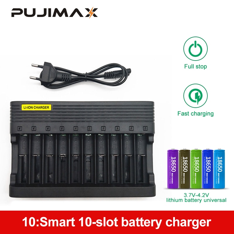 PUJIMAX10-slots Batterij Oplader 18650 Eu Smart Opladen 26650 21700 14500 26500 22650 26700 Li-Ion Oplaadbare Batterij Oplader