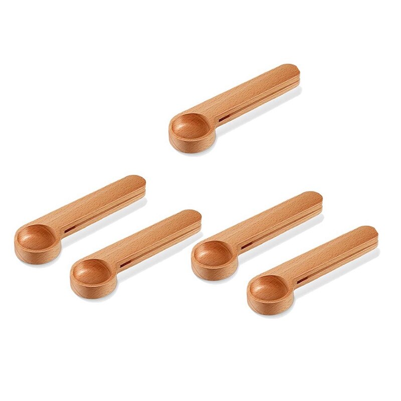 Cuillère à café en bois 2 en 1, 5 pièces, cuillère à mesurer avec pince à sachet, scelleuse cuillère à mesurer pour haricots, expresso café, thé: Default Title