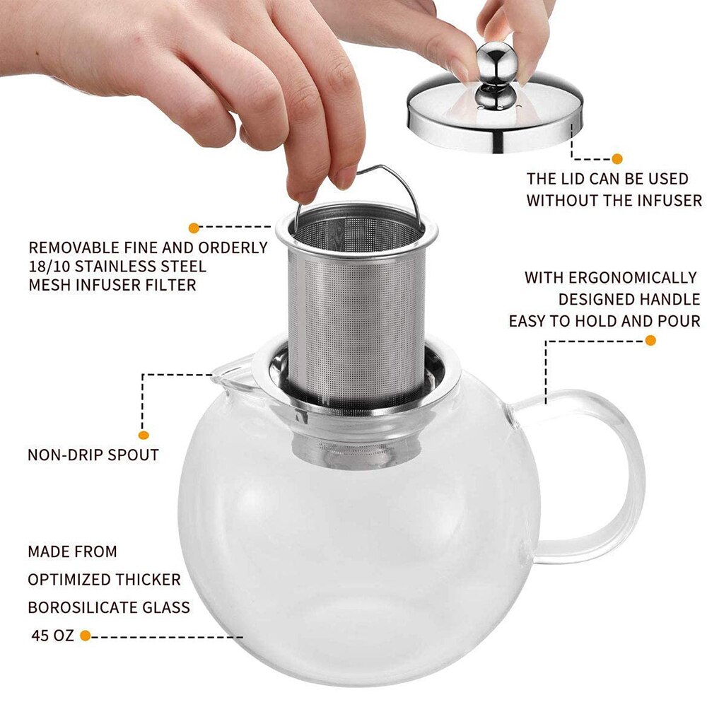 Glass Teapot With Removable Inner Stainless Steel Strainer Stove Top Safe Kettle Transparent And Silver