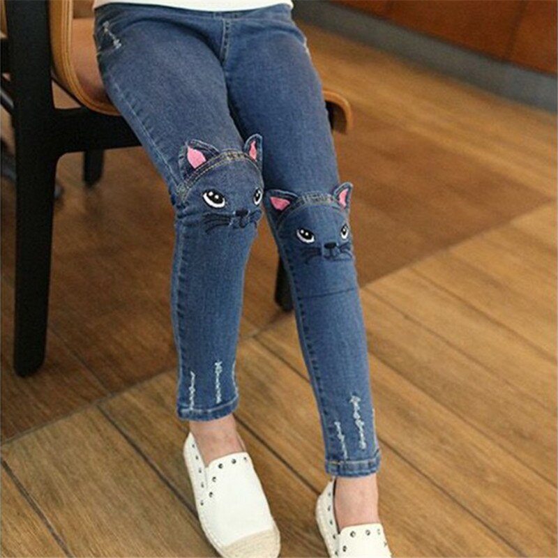 1-7T Jeans da ricamo gatto cartone animato da ragazza moda coreana pantaloni a vita media in Denim per bambini vestiti autunnali per ragazze