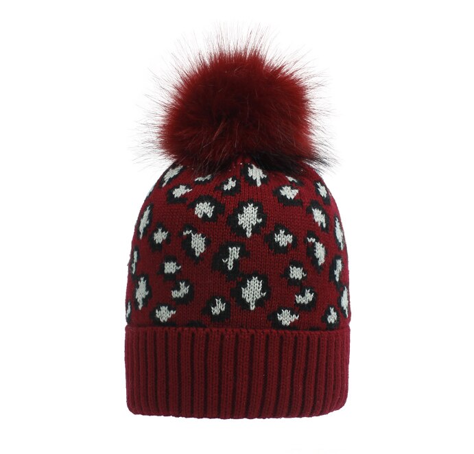 Herfst winter luipaard print wol gebreide muts warme oversized haarbal dikke warme muts pompon: Rood