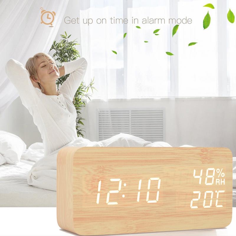 LED Wooden Alarm Clock Desktop Watch Voice Control Temperature Humidity Living Room Display Desk Alarm Clocks Home Decor