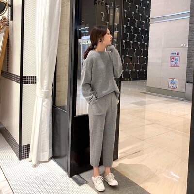 Women Cashmere Sweater Two Piece knitted Sets Slim Tracksuit Spring Autumn Sweatshirts Sporting Suit Female: Gray / L