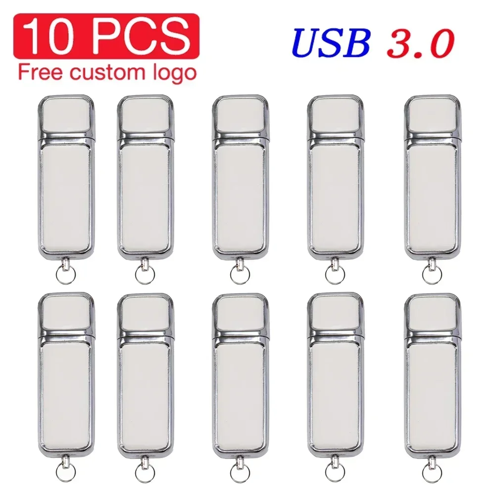 Unidad Flash USB 3,0 de cuero de alta velocidad, 128GB, 64GB, logotipo impreso personalizado gratis, memoria Flash, caja de de cumpleaños, 10 Uds.: Negro / 16 GB