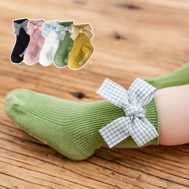 Zoete Plaid Bows Baby Sokken Lente Katoen Prinses Baby Meisjes Korte Sokken Baby Peuter Anti-Slip Vloer Sokken Sokken