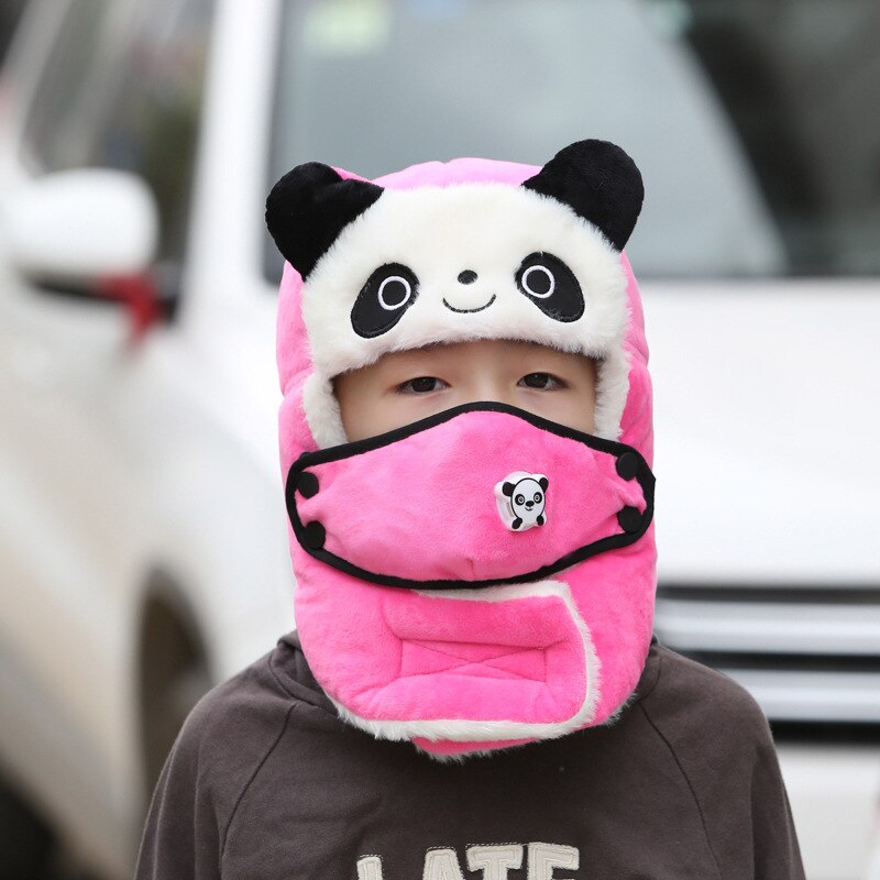 YA Bazar de Niños de dibujos animados sombrero lindo oso Panda de esquí sombrero boina de lana de punto de cara máscara sombrero invierno sombrero: Rosa