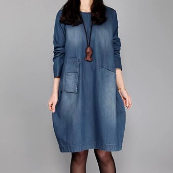 Maternity Denim Autumn Dress Long Sleeve O-Neck Loose With Pocket Dresses for Pregnant Women Pregnancy Comfortable Clothes: 5XL