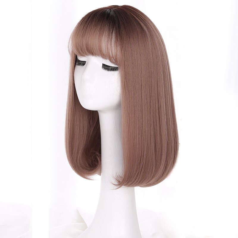 Yiyaobess, estilo coreano, peluca sintética de pelo medio largo de Bob con flequillo, raíces oscuras, pelo Ombre, lino, gris, pelucas de mujer rectas naturales
