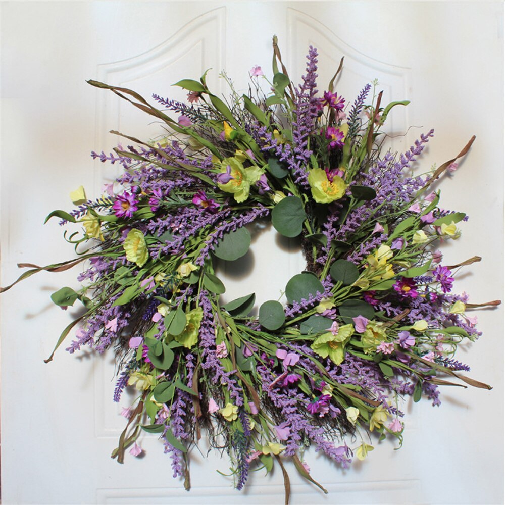 Lente kransen voor voordeur, 18 inch kunstmatige krans, hortensia bloemen deur opknoping krans buiten buiten bruiloft kantoor party decor, geel rood