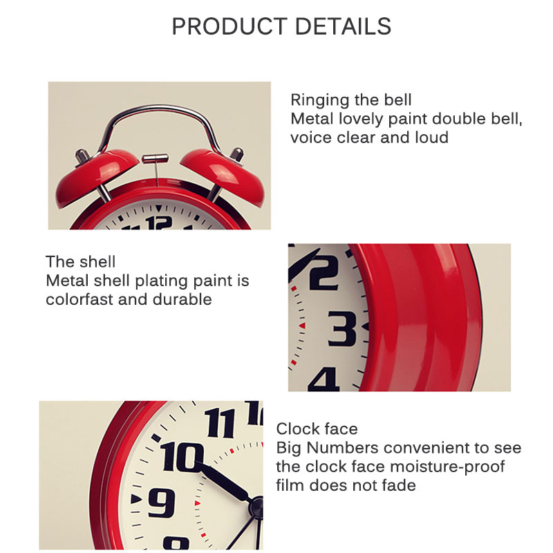 Simple Metal Alarm Clock Cute Ingenious Mute Night Light 4 Inch Digital Student Bedside Alarm Clock Loud Red and White