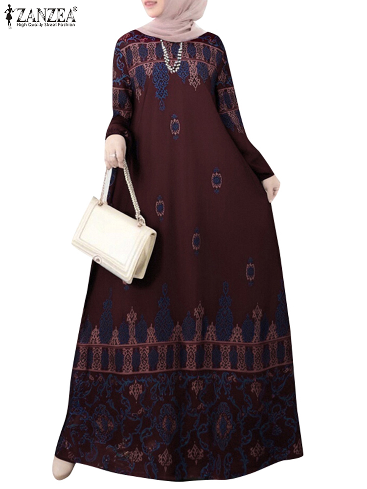 Frauen Langarm Muslimischen Kleid Abaya Kaftan ZANZEA Bohemien Gedruckt Sommerkleid IsIamic Kleid Eid Mubarek max Lange Vestidos