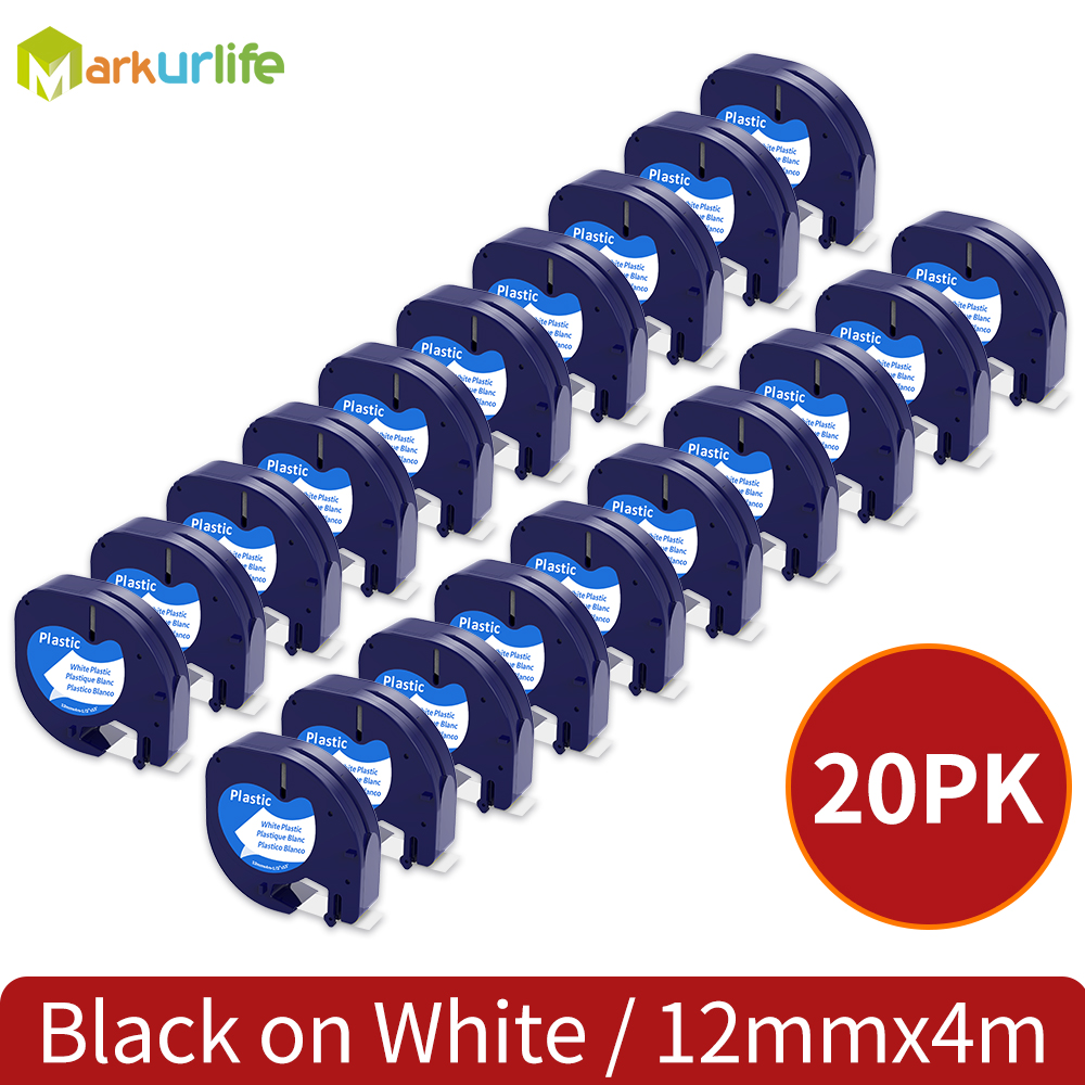 20PCS 91330 LT Label Tape 12mm*4m Compatible For Dymo Letratag Plastic 91200 91331 91201 12267 18769 18771 For LT-100H LT-100T: 20p Black on White